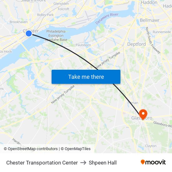 Chester Transportation Center to Shpeen Hall map