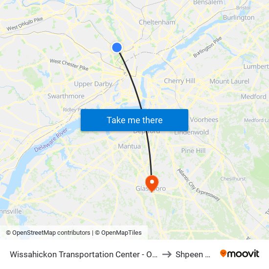 Wissahickon Transit Center to Shpeen Hall map