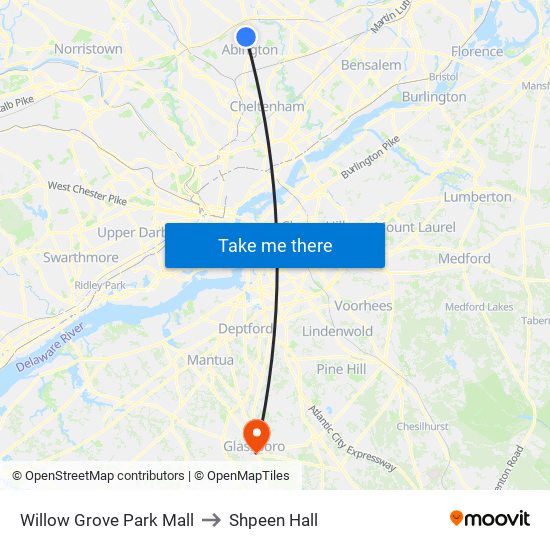 Willow Grove Park Mall to Shpeen Hall map