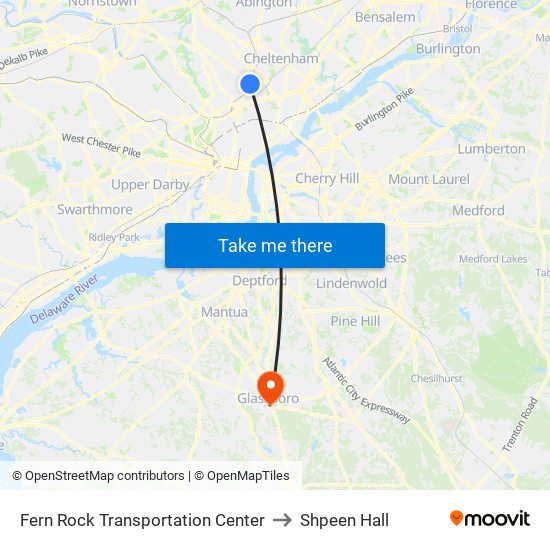 Fern Rock Transportation Center to Shpeen Hall map