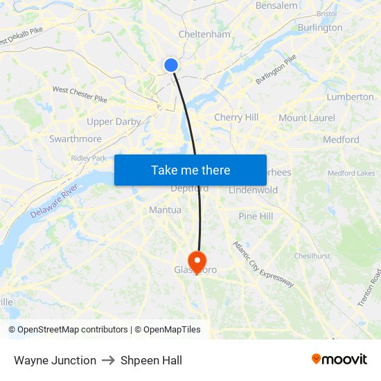 Wayne Junction to Shpeen Hall map