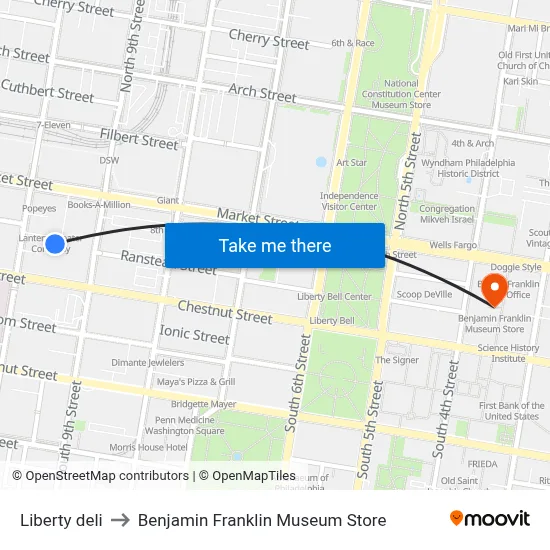 Liberty deli to Benjamin Franklin Museum Store map