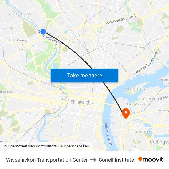 Wissahickon Transportation Center to Coriell Institute map