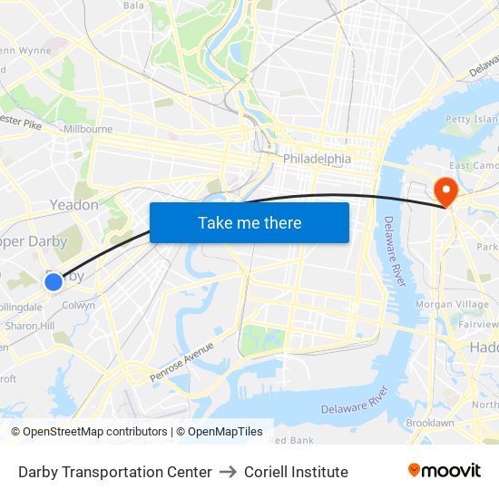 Darby Transportation Center to Coriell Institute map