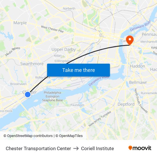 Chester Transportation Center to Coriell Institute map