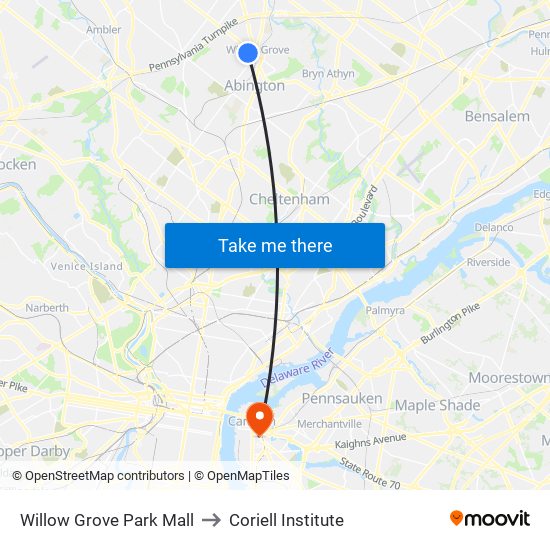 Willow Grove Park Mall to Coriell Institute map