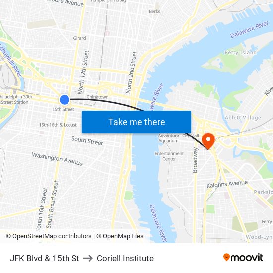 JFK Blvd & 15th St to Coriell Institute map