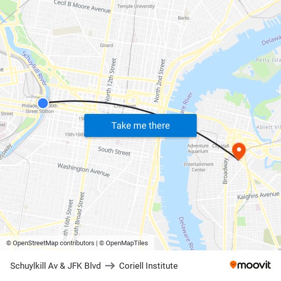 Schuylkill Av & JFK Blvd to Coriell Institute map