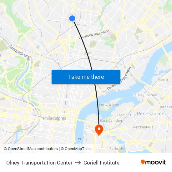 Olney Transportation Center to Coriell Institute map