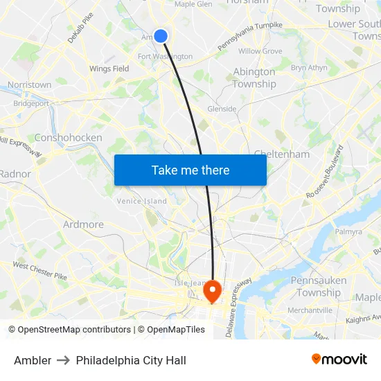 Ambler to Philadelphia City Hall map