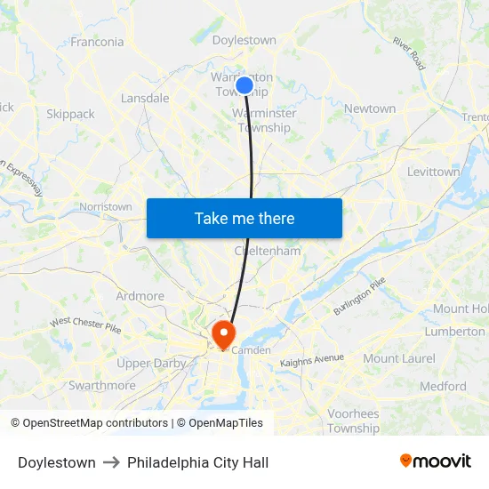Doylestown to Philadelphia City Hall map