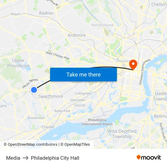 Media to Philadelphia City Hall map