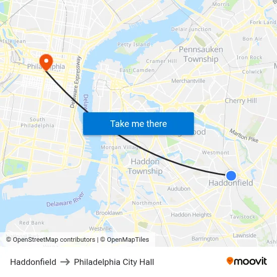 Haddonfield to Philadelphia City Hall map