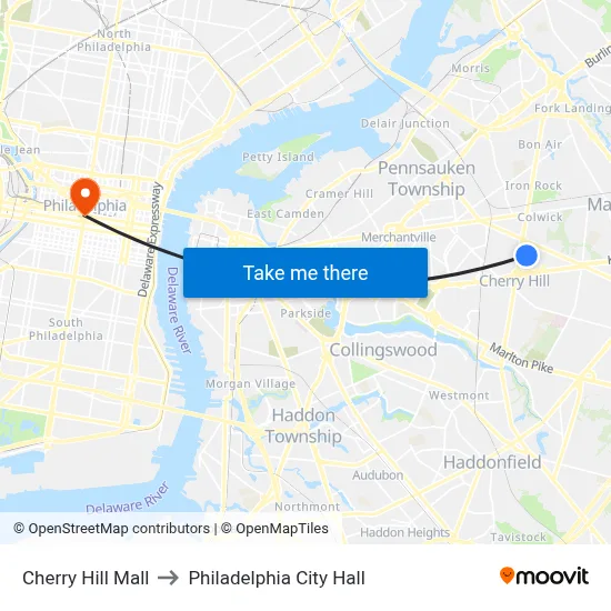Cherry Hill Mall to Philadelphia City Hall map