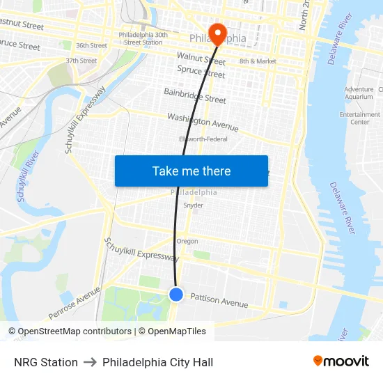 NRG Station to Philadelphia City Hall map
