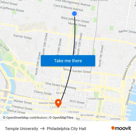 Temple University to Philadelphia City Hall map