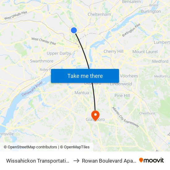 Wissahickon Transit Center to Rowan Boulevard Apartments map