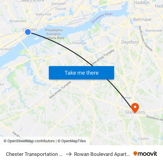 Chester Transportation Center to Rowan Boulevard Apartments map