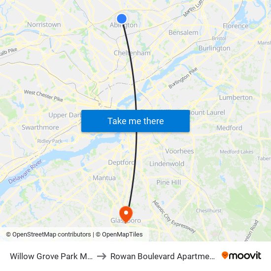 Willow Grove Park Mall to Rowan Boulevard Apartments map