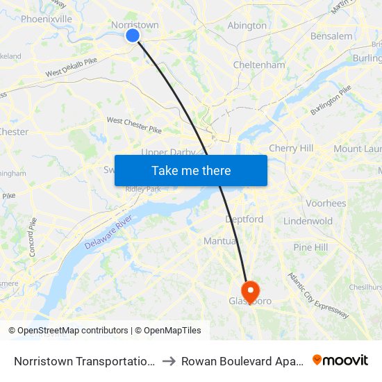 Norristown Transportation Center to Rowan Boulevard Apartments map