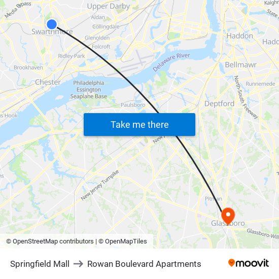 Springfield Mall to Rowan Boulevard Apartments map