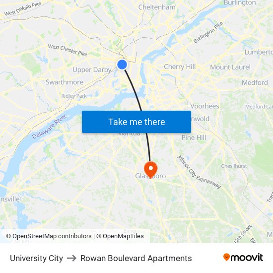 University City to Rowan Boulevard Apartments map