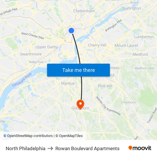North Philadelphia to Rowan Boulevard Apartments map
