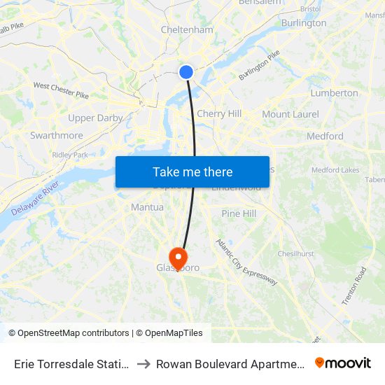 Erie Torresdale Station to Rowan Boulevard Apartments map