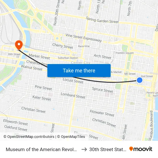 Museum of the American Revolution to 30th Street Station map