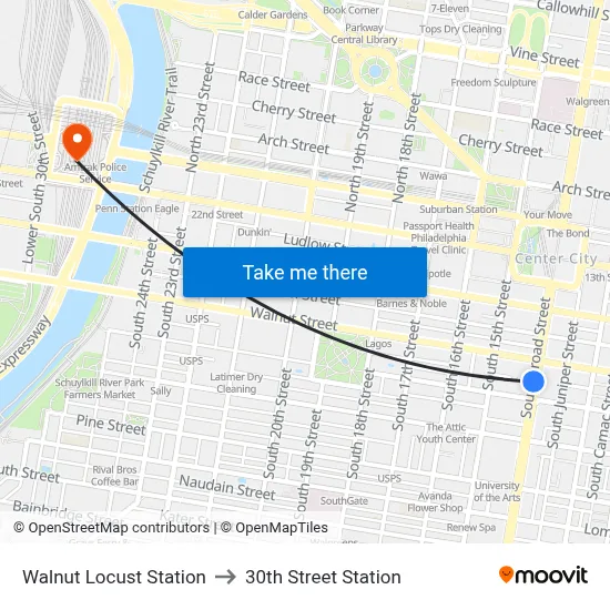 Walnut Locust Station to 30th Street Station map