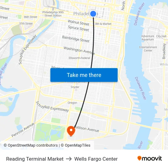 Reading Terminal Market to Wells Fargo Center map