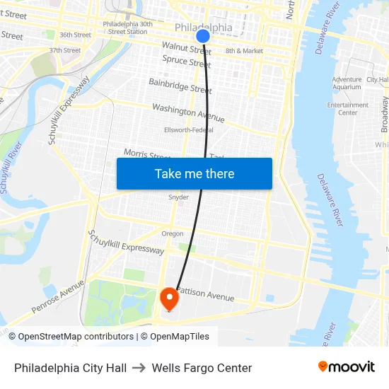 Philadelphia City Hall to Wells Fargo Center map