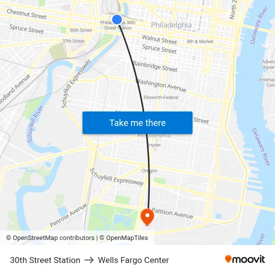 30th Street Station to Wells Fargo Center map