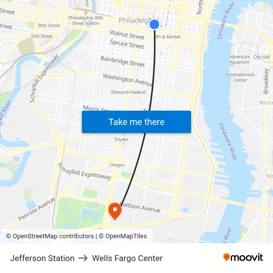 Jefferson Station to Wells Fargo Center map