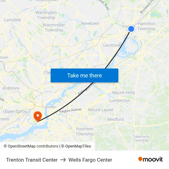Trenton Transit Center to Wells Fargo Center map
