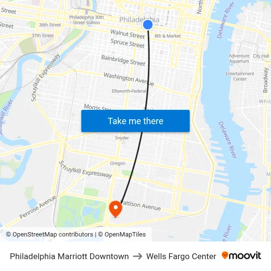 Philadelphia Marriott Downtown to Wells Fargo Center map