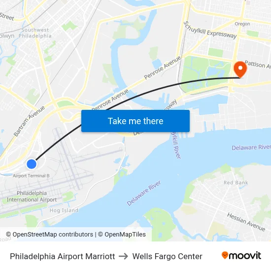 Philadelphia Airport Marriott to Wells Fargo Center map