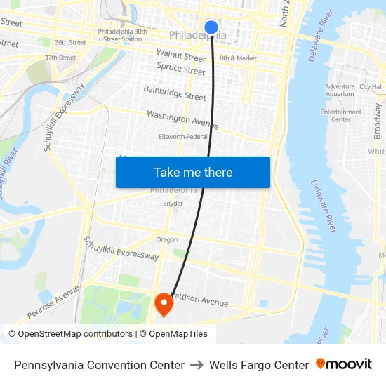 Pennsylvania Convention Center to Wells Fargo Center map