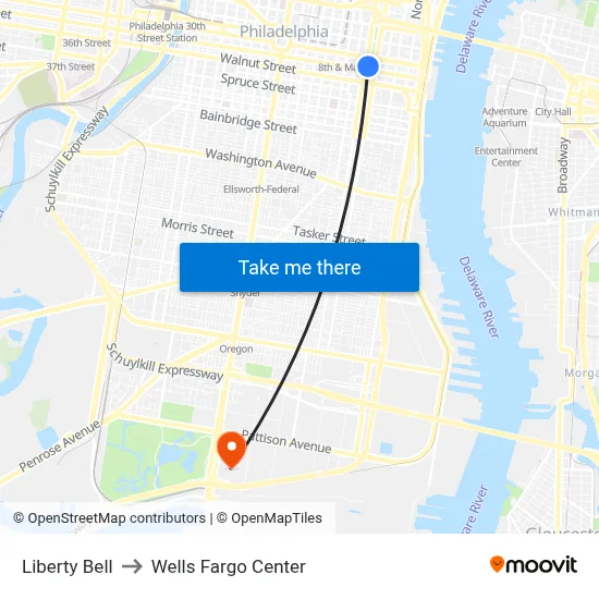 Liberty Bell to Wells Fargo Center map