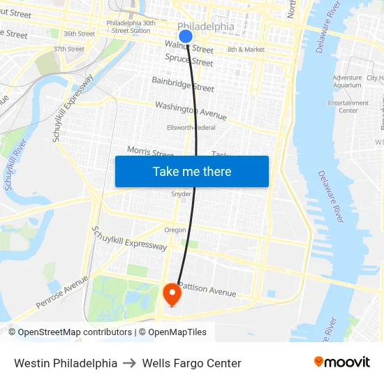 Westin Philadelphia to Wells Fargo Center map
