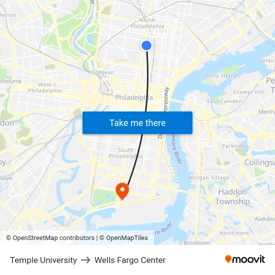 Temple University to Wells Fargo Center map