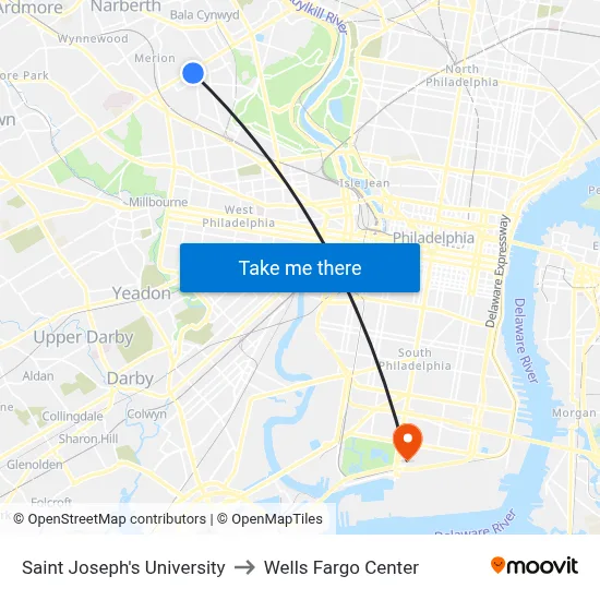 Saint Joseph's University to Wells Fargo Center map