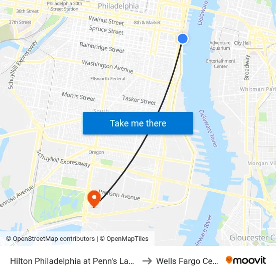 Hilton Philadelphia at Penn's Landing to Wells Fargo Center map