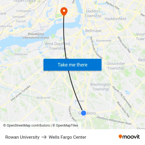 Rowan University to Wells Fargo Center map