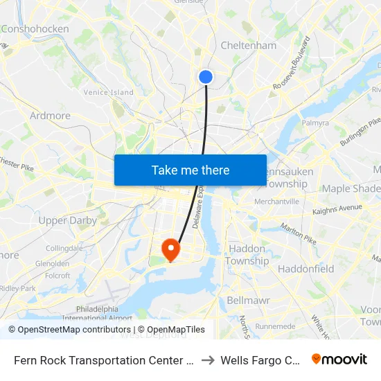 Fern Rock Transportation Center Station to Wells Fargo Center map