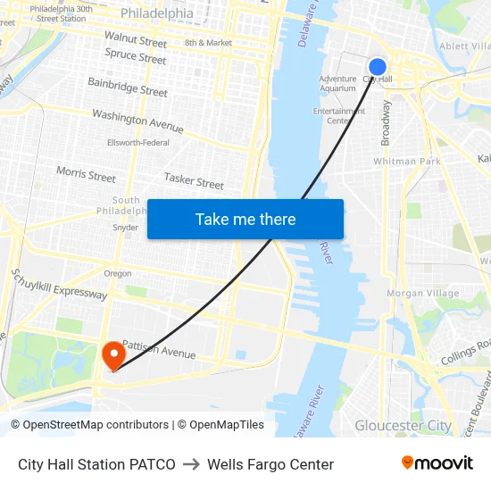 City Hall Station PATCO to Wells Fargo Center map