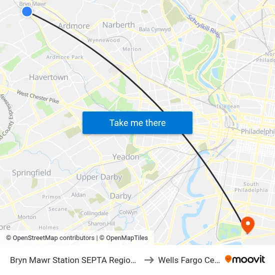 Bryn Mawr Station SEPTA Regional Rail to Wells Fargo Center map