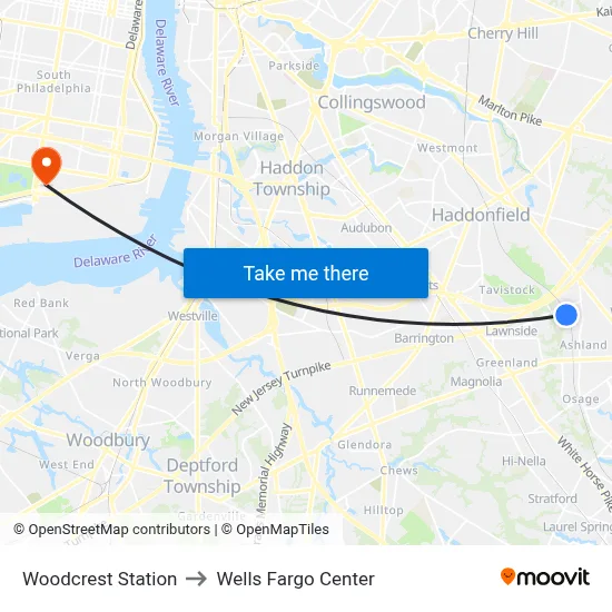 Woodcrest Station to Wells Fargo Center map