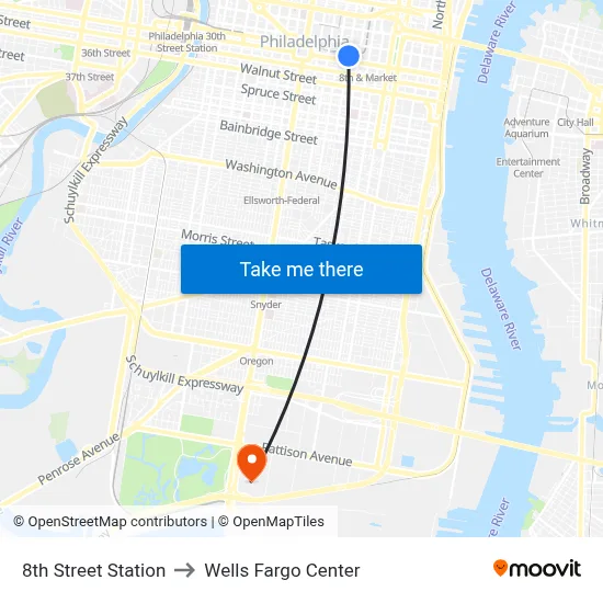 8th Street Station to Wells Fargo Center map