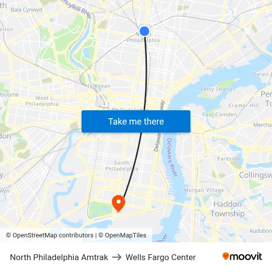 North Philadelphia Amtrak to Wells Fargo Center map